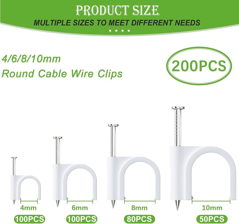 mxuteuk 200PCS Cable Clips with Steel Nails,4/6/8/10mm Round White Cable Wire Clips,Wall Clips for Cords,Cable Cord Clips for RG6 RG59 CAT6 RJ45 - Image 2